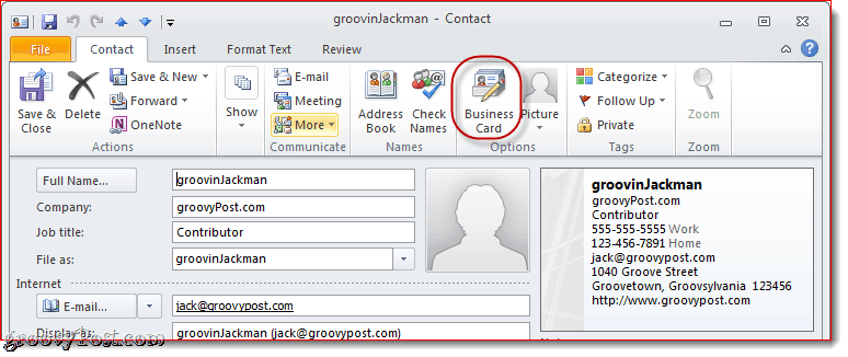 Visitekaartje bewerken in Outlook 2010
