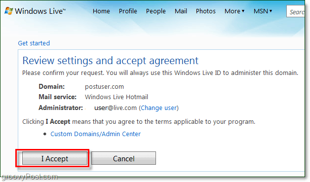 lees en accepteer de voorwaarden van Windows Live Domain voor e-mailvoorwaarden