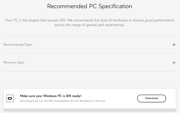 Controleer op Oculus.com of uw computer klaar is voor virtual reality.