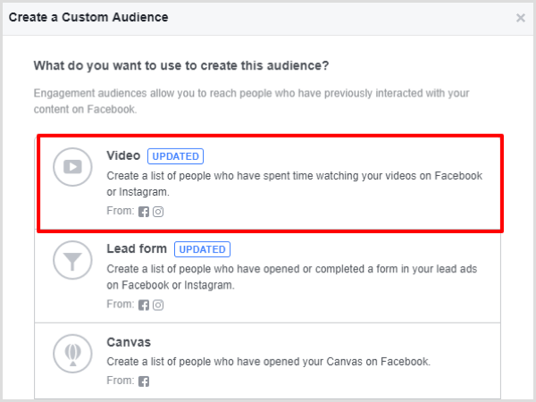 Selecteer de optie Video-engagement voor uw aangepaste Facebook-publiek.