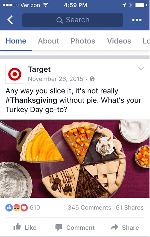 Deze Thanksgiving-post van Target wordt goed weergegeven op zowel desktop- als mobiele feeds.