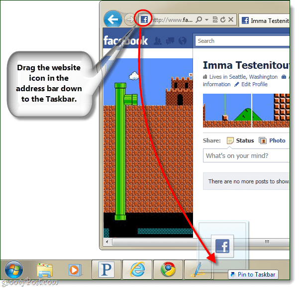 sleep pictogram naar taakbalk om website vast te pinnen ie9 