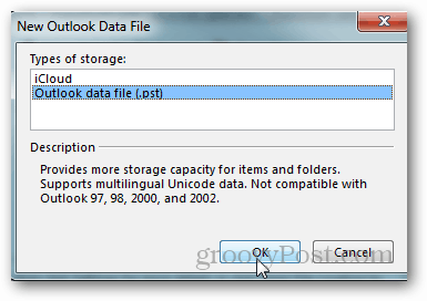 hoe pst-bestand voor Outlook 2013 te maken - klik op Outlook-gegevensbestand