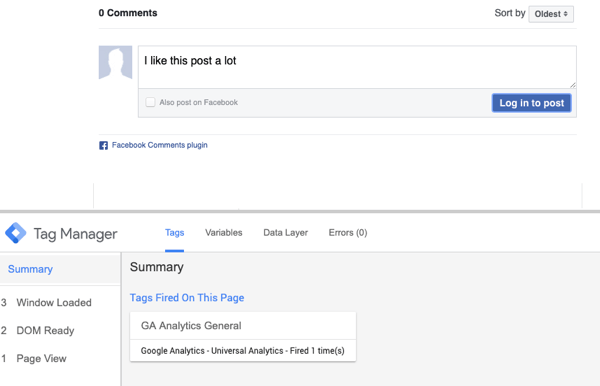 Gebruik Google Tag Manager met Facebook, stap 23, voorbeeld van opmerking met samenvattende selectie voor afgevuurde Facebook-tag