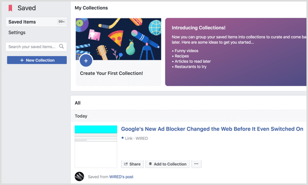 Facebook Opgeslagen items