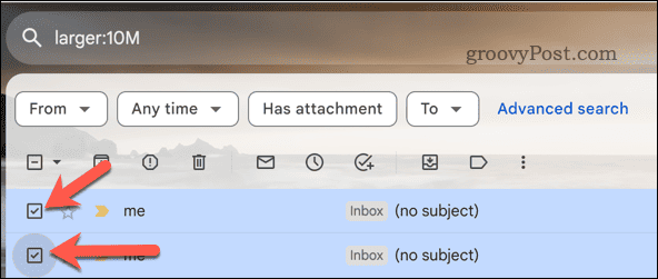 Selecteer Gmail-e-mails in de zoekresultaten