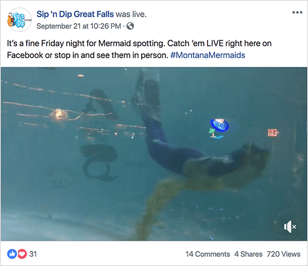 Dit is een screenshot van een live video van de zeemeerminshow in de Sip ‘n Dip Lounge. Jay Baer zegt dat de zeemeerminshow een voorbeeld is van een praattrigger.