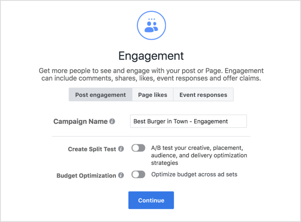 Voer een naam in voor een Facebook-engagementcampagne.