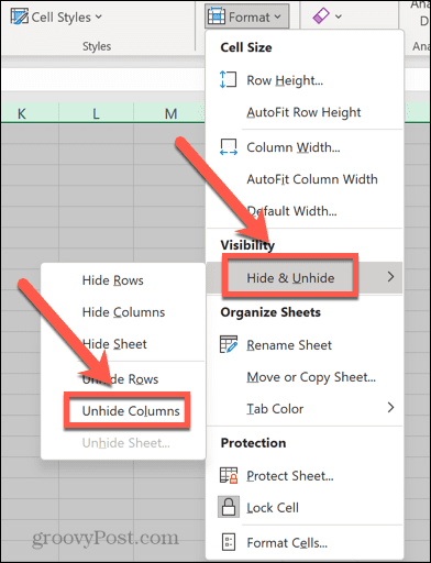 Excel-formaat menu kolommen zichtbaar maken