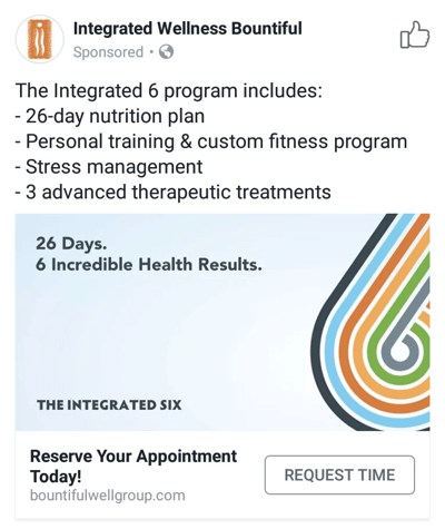 Facebook-advertentietechnieken die resultaten opleveren, bijvoorbeeld door Integrated Wellness Bountiful die afspraaktijden aanbiedt
