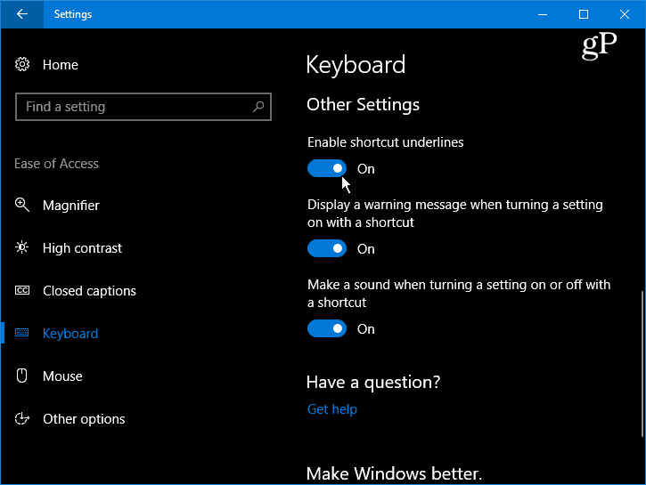 Maak Windows 10 onderstrepen en markeer sneltoetsen voor menu's