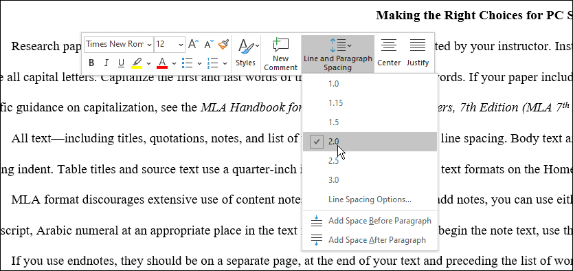 spatiëring gebruik mla-indeling in Microsoft Word