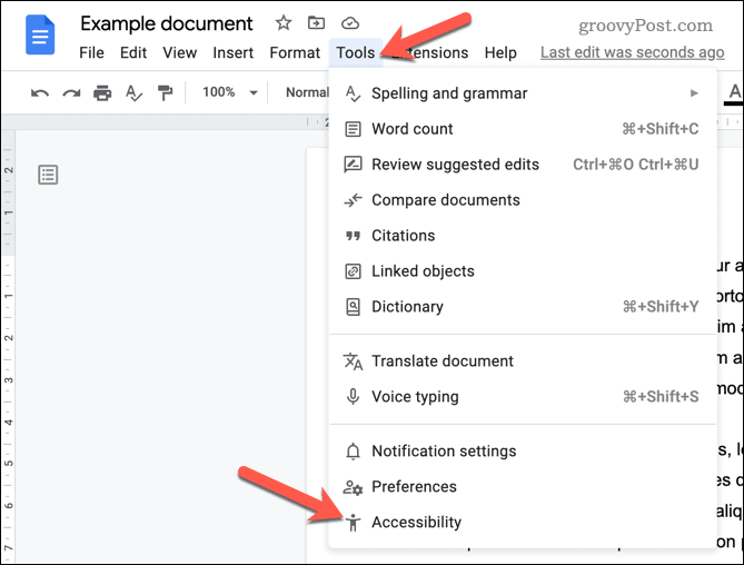 Open het toegankelijkheidsmenu van Google Documenten