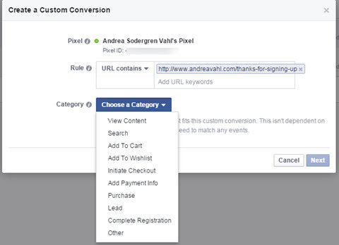 facebook aangepaste conversies categorie