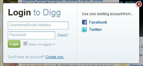 Nieuw Digg-inlogscherm