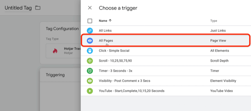 nieuwe google tag manager-tag met kies een triggermenu-opties met verschillende genoteerd, waaronder klik - eenvoudig sociaal, scrollen - 10,25,50,75,90, tijd - 3 seconden - 3x, onder andere met alle pagina's geselecteerd