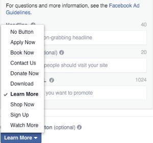facebook carrousel advertentie afbeelding call-to-action knop selectie