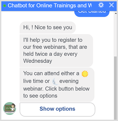 Een Messenger-bot begeleidt de gebruiker door de webinarregistratie.