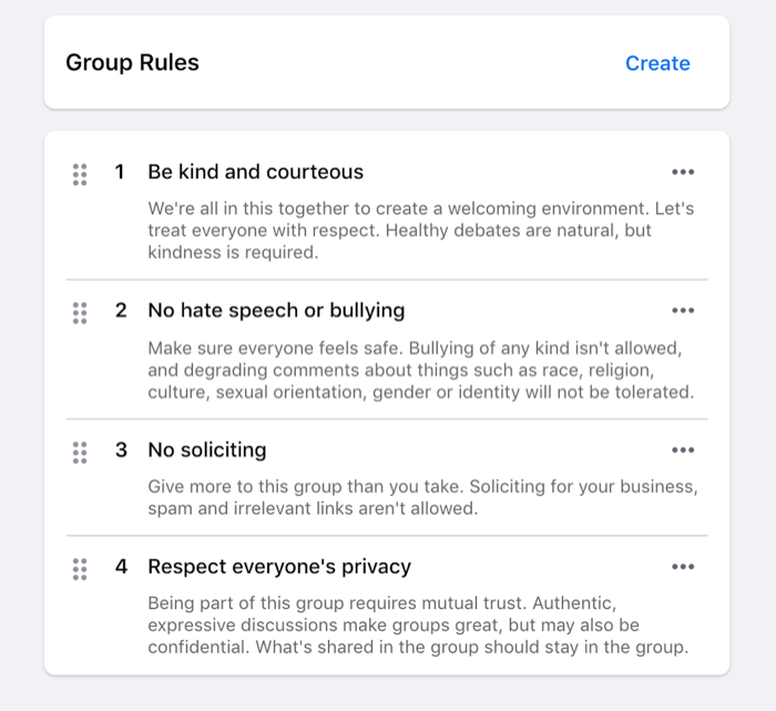 voorbeeld van regels die zijn ingesteld voor een Facebook-groep, zoals vriendelijk zijn, geen haatzaaiende taal, geen verzoeken, enz.