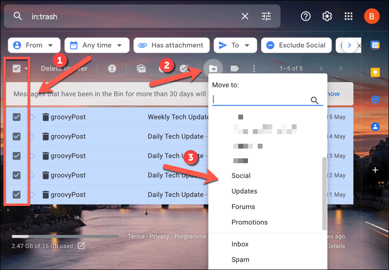 E-mails buiten de prullenbak van Gmail verplaatsen