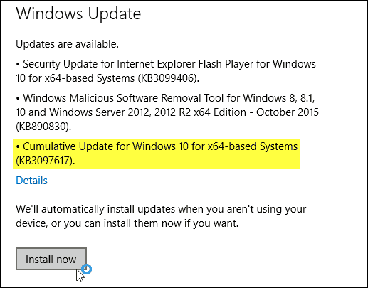 Cumulatieve update voor Windows 10 KB3097617 nu beschikbaar