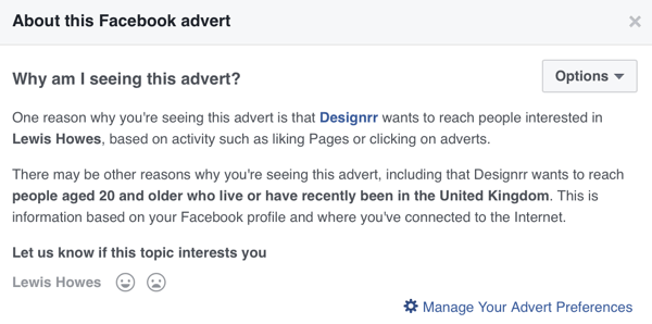 Facebook toont gedetailleerde targetinginformatie voor een Facebook-advertentie.