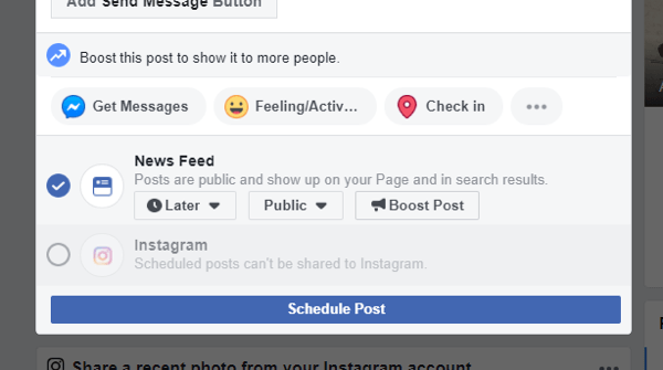 Cross-posten naar Instagram vanaf Facebook op desktop, voorbeeld van de optie cross-posten naar Instagram is niet langer beschikbaar bij het plannen van een Facebook-post