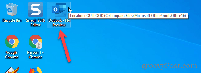 Snelkoppeling om Outlook te starten met het leesvenster uitgeschakeld