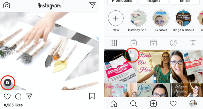 instagram haspels pictogram weergegeven op een feedpost en op een profielraster
