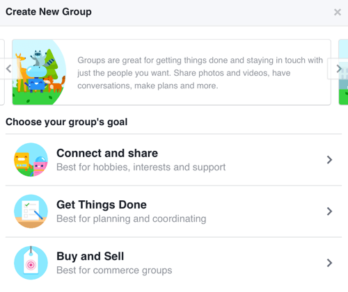 Selecteer Verbinden en delen om een ​​Facebook-groep te maken die zich richt op het opbouwen van een community.