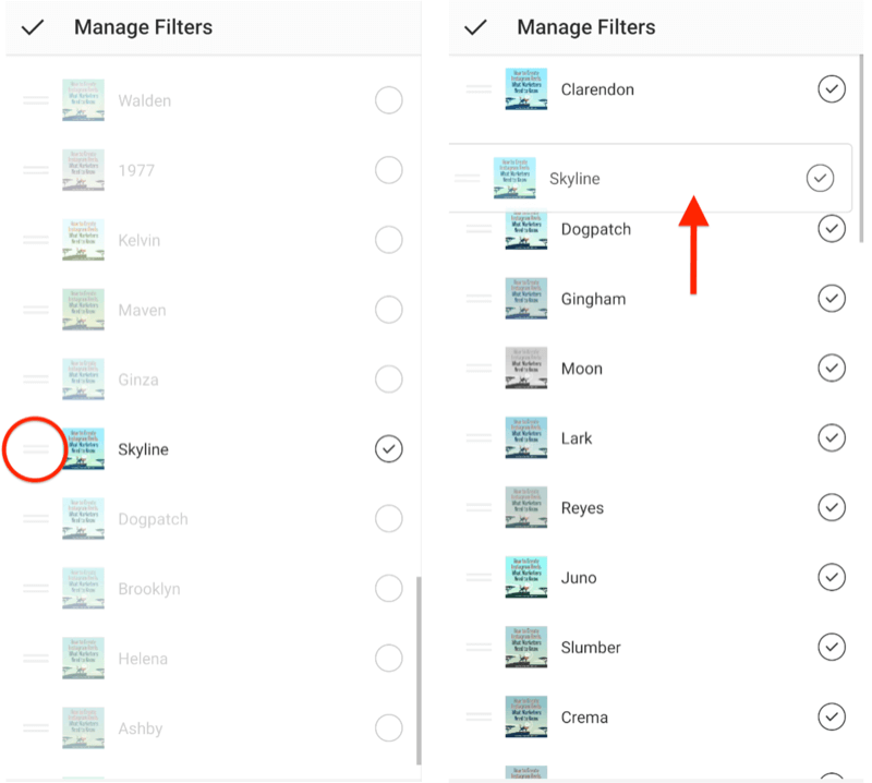 beheer menu-opties voor instagram-filters met dubbele horizontale selectiebalken naast filters die toestaan ze opnieuw te ordenen en het skylinefilter te tonen dat naar de bovenkant van de filterselectie wordt gesleept lijst