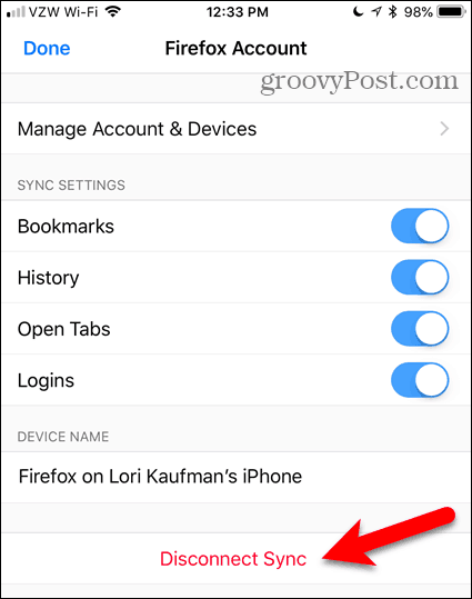 Tik op Disconnect Sync in Firefox voor iOS