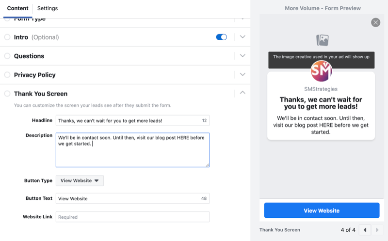 een bedankscherm instellen voor het formulier voor het genereren van leads op Facebook