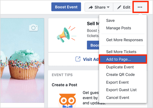 Klik op de knop met de drie stippen bovenaan de Facebook-evenementpagina en selecteer Toevoegen aan pagina.