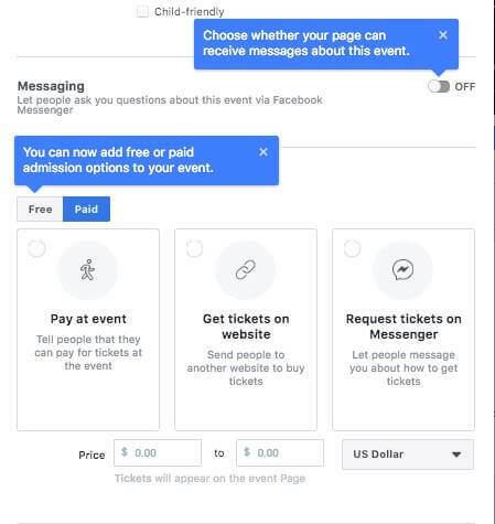 Facebook lijkt de optie te testen om mensen vragen te laten stellen via Facebook Messenger, gratis toevoegen of betaalde toegangsoptie voor een evenement, en stel een prijsklasse voor ticketverkoop in bij het opzetten van een Facebook-evenement Bladzijde.