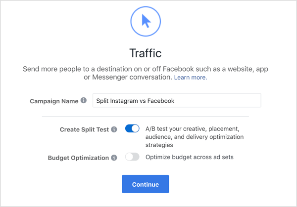 Voeg de campagnenaam toe en selecteer de optie Gesplitste test maken voor de Facebook-verkeerscampagne