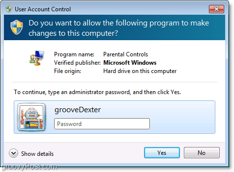 u kunt een beperking van ouderlijk toezicht in Windows 7 negeren door een beheerderswachtwoord in te voeren