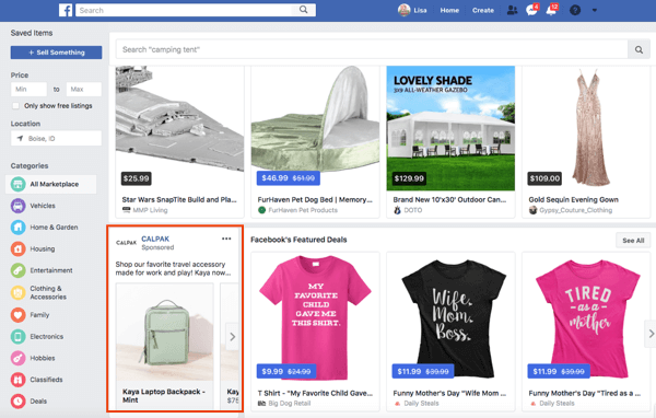 Pagina's kunnen ook advertenties weergeven op Facebook Marketplace.