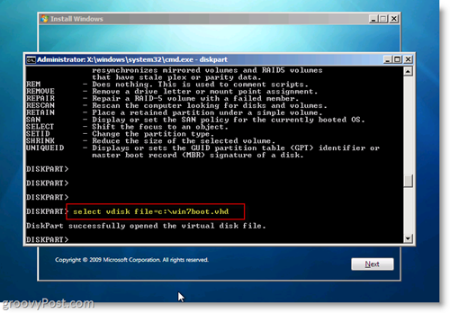 Windows 7 Native VHD Installeer Dual Boot Selecteer VHD in CMD Prompt