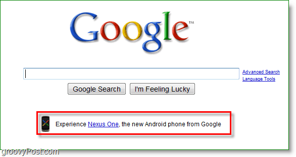 Nexus One wordt geadverteerd op de startpagina van Google.