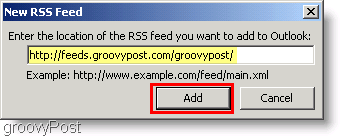 Screenshot Microsoft Outlook 2007 - Typ een nieuwe RSS-feed