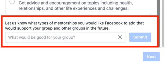 Hoe u uw Facebook-groepsgemeenschap kunt verbeteren, optie om een ​​categorieoptie voor groepsmentorschap aan Facebook voor te stellen
