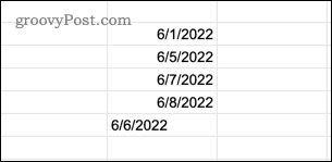 Voorbeeld van tekstdatumwaarden in Google Spreadsheets