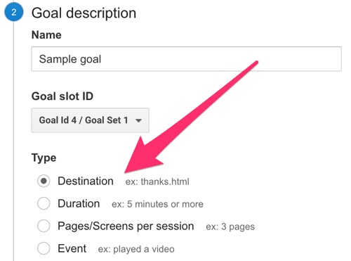 selecteer bestemming als doeltype in Google Analytics