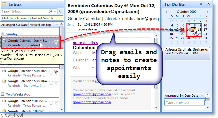 Takenbalk Outlook 2007 - E-mail naar agenda slepen