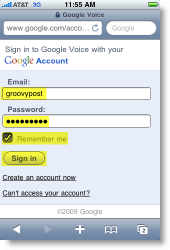 Mobiele aanmeldingspagina van Google Voice