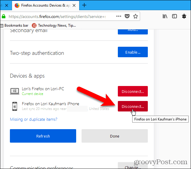 Koppel een apparaat los met Firefox voor Windows