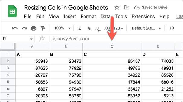 Een voorbeeld van een kolom met gewijzigde grootte in Google Spreadsheets