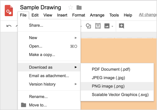 Kies Bestand> Downloaden als> PNG-afbeelding (.png) om uw ontwerp voor Google Tekeningen te downloaden.