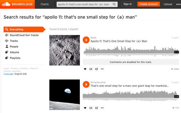 Zoek in de mediabestanden van NASA op SoundCloud om de audio van iconische historische momenten, zoals de eerste wandeling op de maan, te vinden en te downloaden.